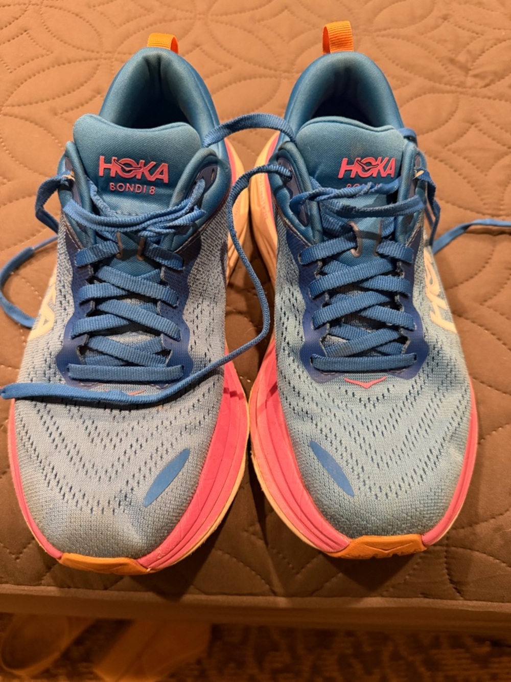 Hoka Bondi 8 Women's Running Shoes - Blue with Pink and Orange Accents